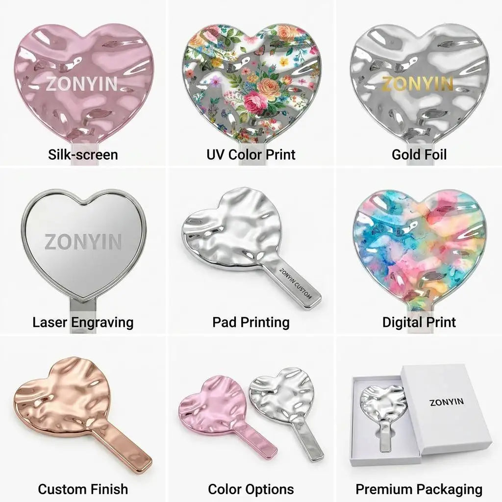 Zonyin Wholesale pink Heart Shape Handheld Makeup Mirror Portable Plating Water Ripple Vanity Cosmetic Mirror for Girl Custom