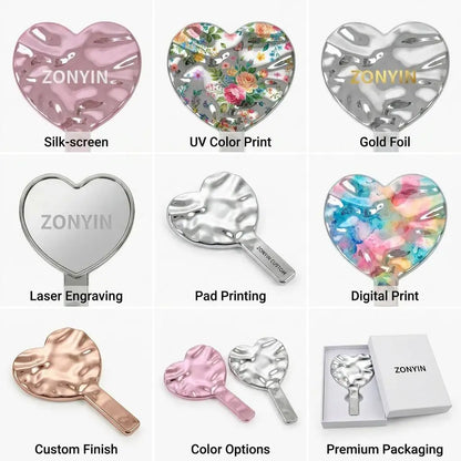 Zonyin Wholesale pink Heart Shape Handheld Makeup Mirror Portable Plating Water Ripple Vanity Cosmetic Mirror for Girl Custom