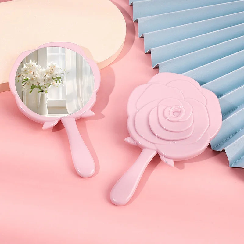 Zonyin High Quality Vintage Pink Rose Shape Hand Makeup Mirror Plastic Mini Handheld Cosmetic Mirror for Women Girl Travel