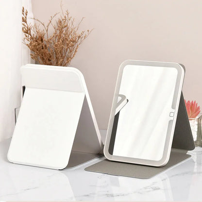 Zonyin High Quality Folding LED Makeup Desktop Mirror USB Rechargeable Pu Leather Portable Travel Standing Mirror with Led Light