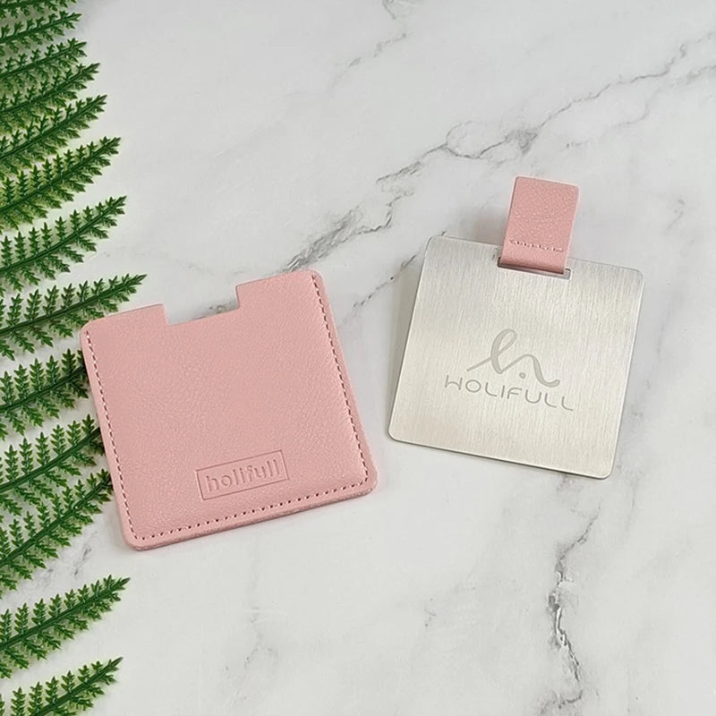 Zonyin High Quality Pink Square Shape Pocket Mirror Engraved Logo Small Pu Leather Metal Travel Cosmetic Makeup Mirror for Women
