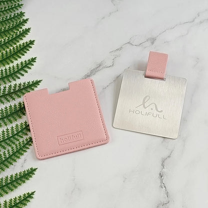 Zonyin High Quality Pink Square Shape Pocket Mirror Engraved Logo Small Pu Leather Metal Travel Cosmetic Makeup Mirror for Women
