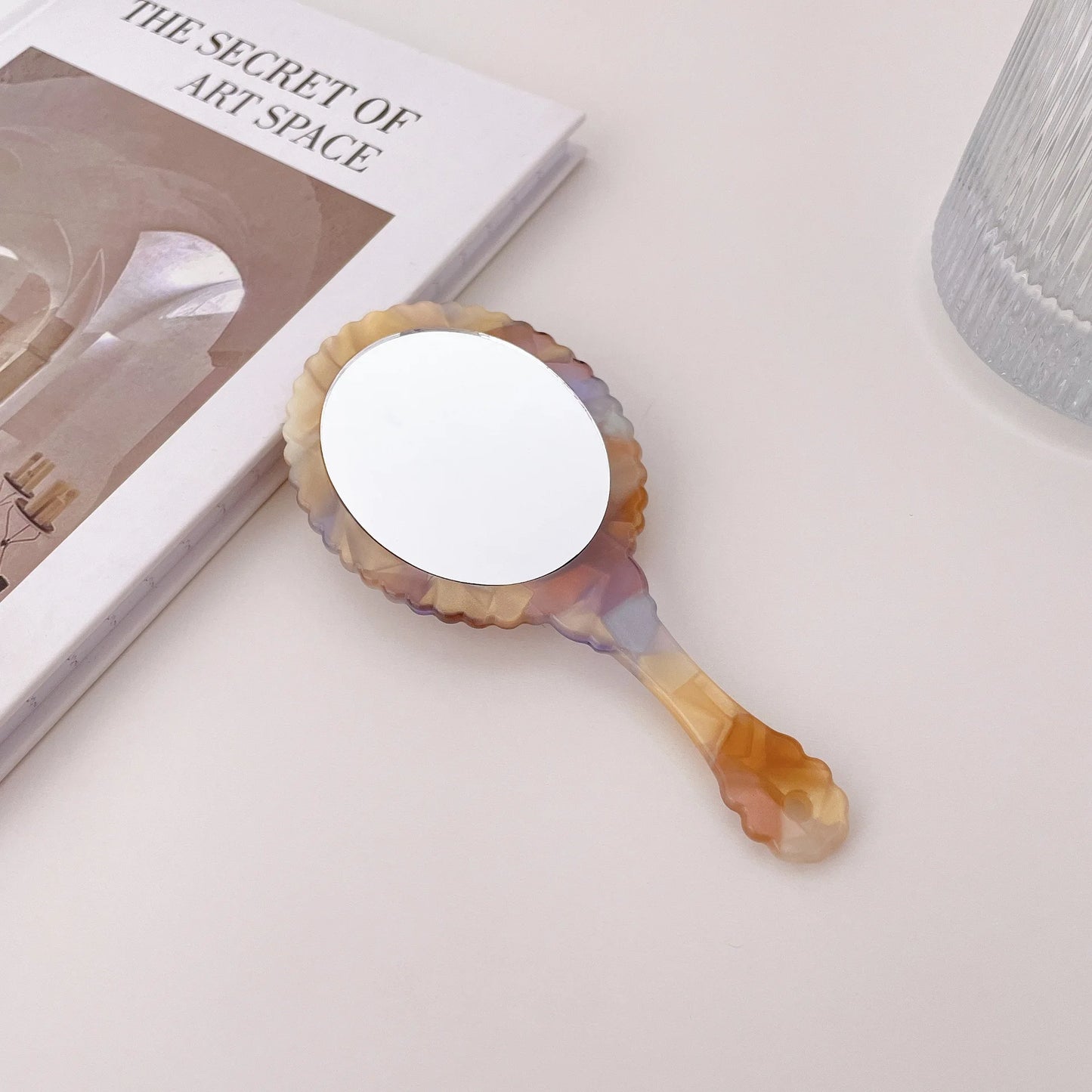 Zonyin Acetate Handheld Retro Oval Travel Mirror Mini Portable Makeup Mirror Daily Cosmetic Makeup Hand Mirror with Handle