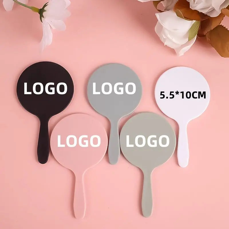 Zonyin Personalized Custom Logo Plastic Round Handle Makeup Mirror Portable Travel HandHeld Mirrors With Custom Size Color