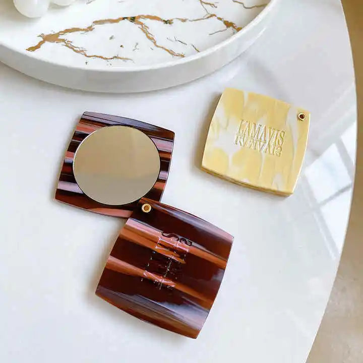 Zonyin New Design Acetate Travel Makeup Mirror Comb Set With Carved Logo Retro High-end Portable Pocket Mirror for Promotion