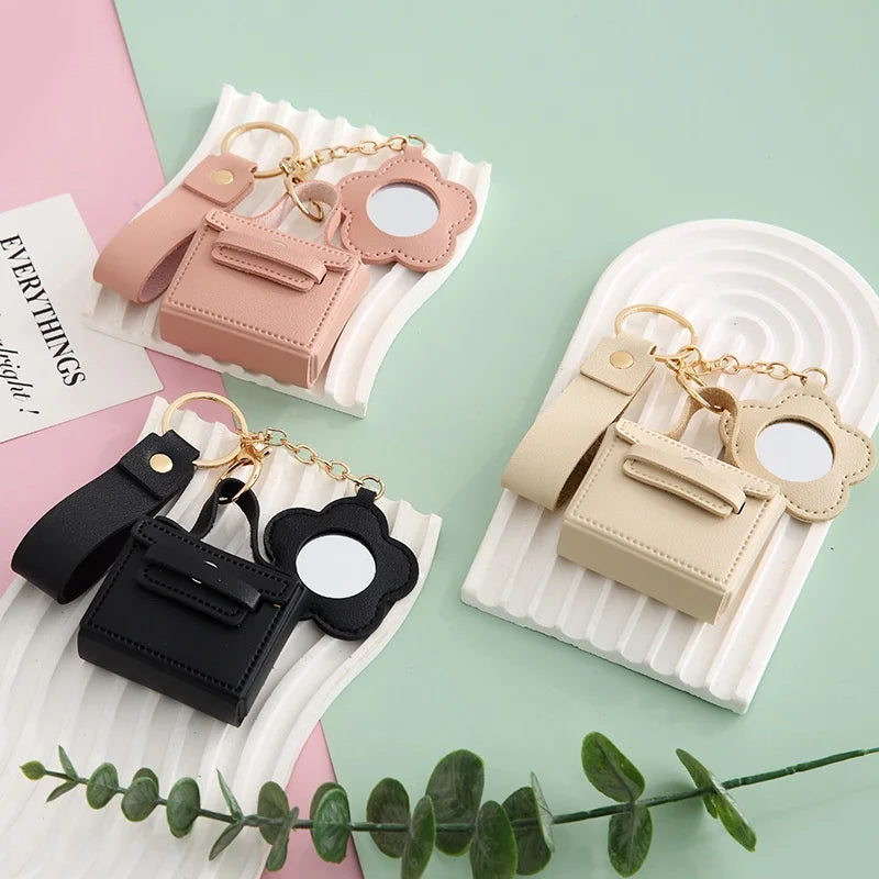 Zonyin PU Leather Mini Bag Storage with Flower Shape  Makeup Mirror Earphone Bag Keychain Pendant