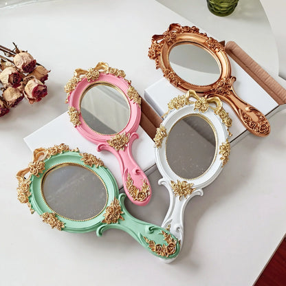 Zonyin European Style Vintage Resin Handheld Makeup Mirror Oval Shaped Rose Flower Carved Cosmetic Mirror for Women Lady Wedding