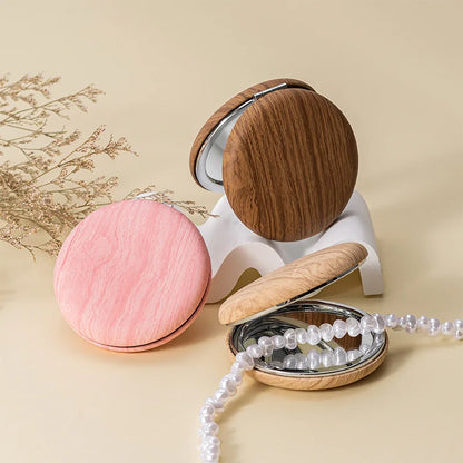 Zonyin Wood Grain PU Leather Makeup Mirror Portable Double Sided Folding Pocket Mirror Cute Compact Cosmetic Mirror for Gift