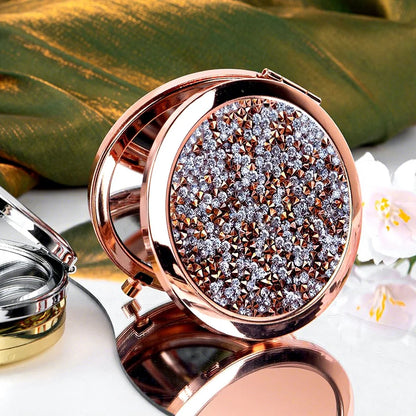 Zonyin Rhinestone Folding Makeup Mirror Crystal Double Sided Pocket Mirror Portable Round Compact Cosmetic Mirror for Wedding