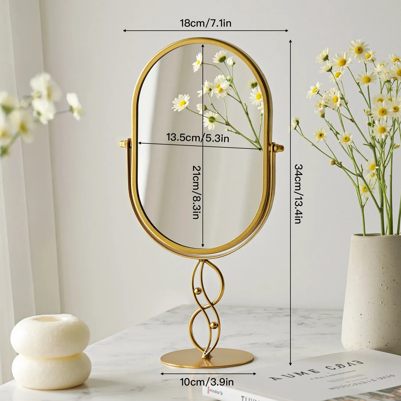 Zonyin Desktop Oval Rotating 360 Makeup Mirror Ins Style Dressing Table Mirror High Aesthetic Bedroom Vanity Mirror
