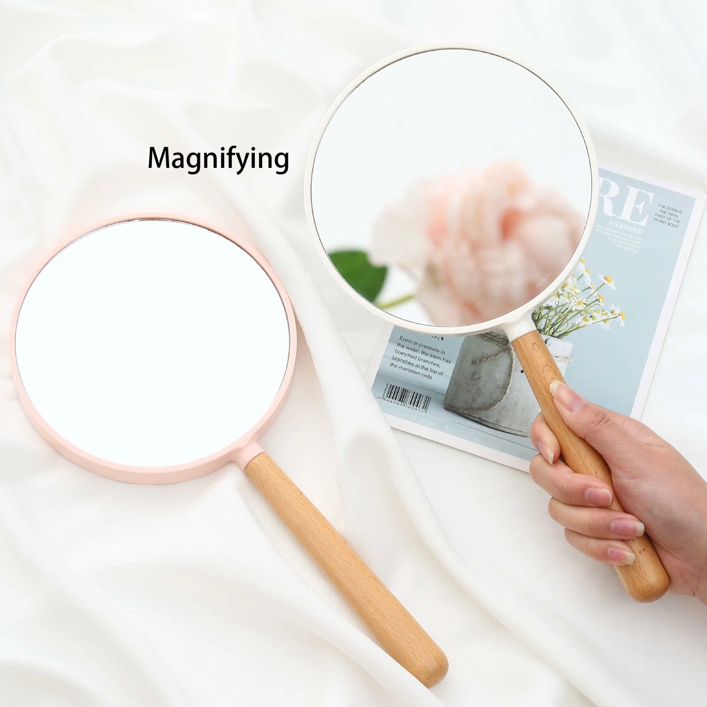 Zonyin Custom Logo Plastic Portable Small Handheld Mirror Round Double Sided Magnifying Cosmetic Mirror With Wooden Handle