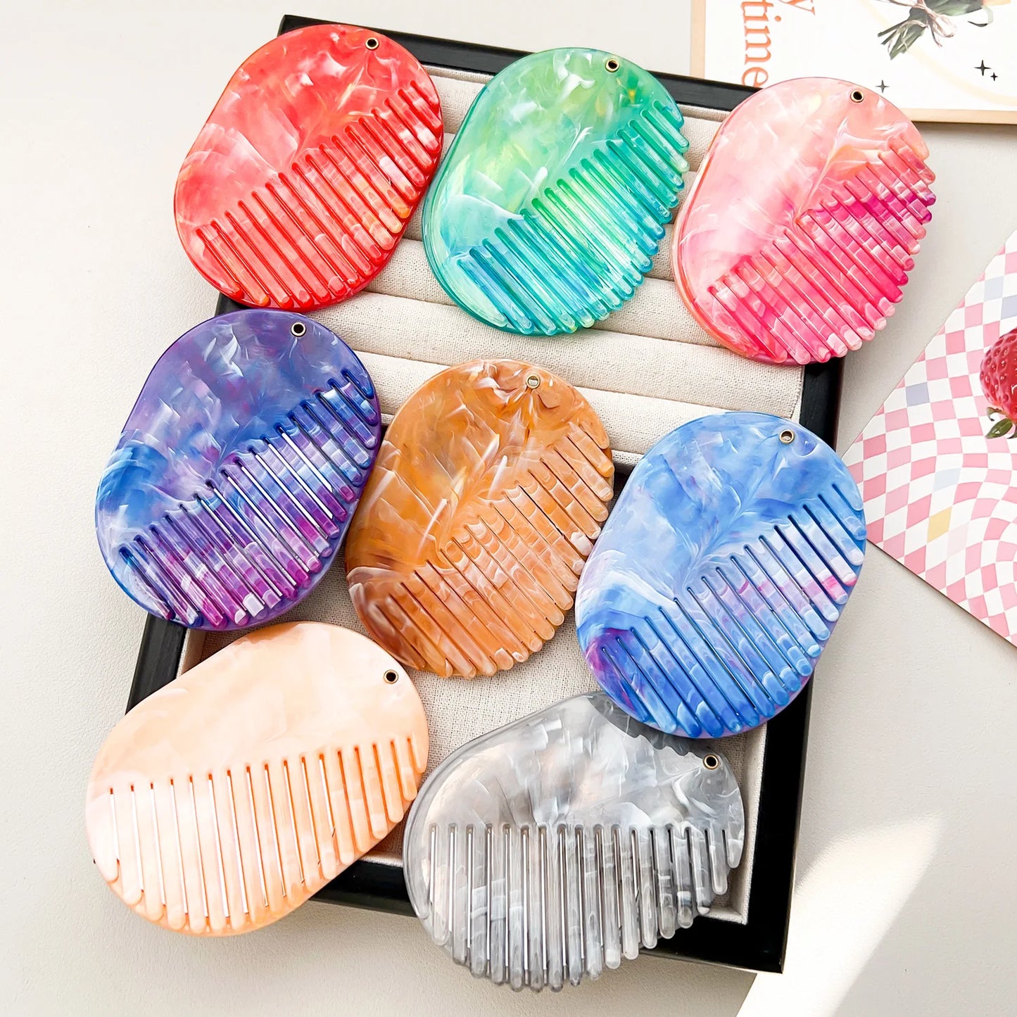 Zonyin Portable Oval Marble Makeup Mirror with Comb Foldable Rotating Cosmetic Pocket Mirror Hairbrush Combo Travel Mini Purse