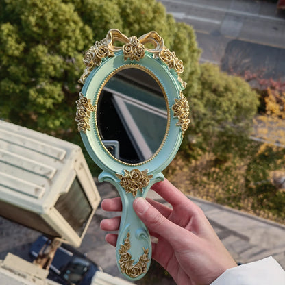 Zonyin European Style Vintage Resin Handheld Makeup Mirror Oval Shaped Rose Flower Carved Cosmetic Mirror for Women Lady Wedding