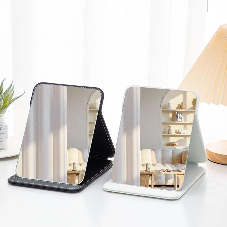 Zonyin High Quality Folding Rectangle Tabletop Pu Cosmetic Mirror Custom Logo White Pu Leather Makeup Vanity Mirror for Travel
