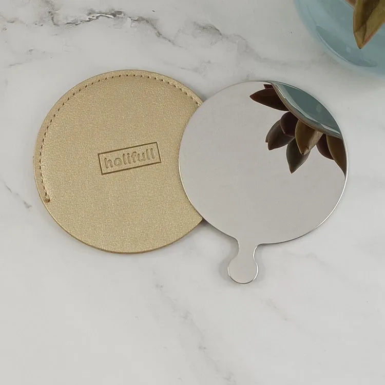 Zonyin Wholesale Cheap Gold Round Pull-out Makeup Pocket Mirror Private Label Pu Leather Metal Mirror for Travel
