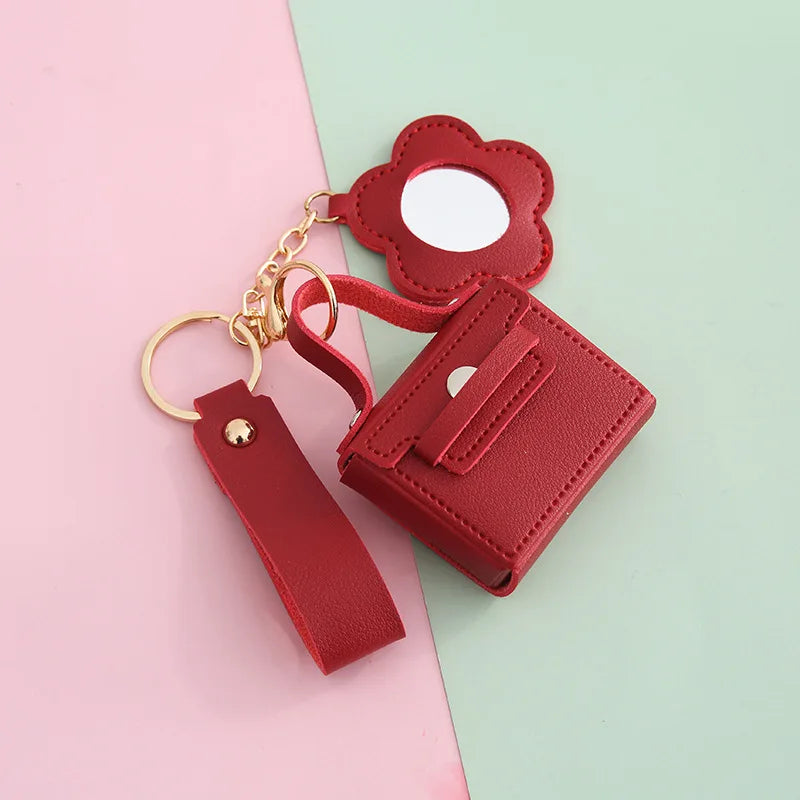 Zonyin PU Leather Mini Bag Storage with Flower Shape  Makeup Mirror Earphone Bag Keychain Pendant
