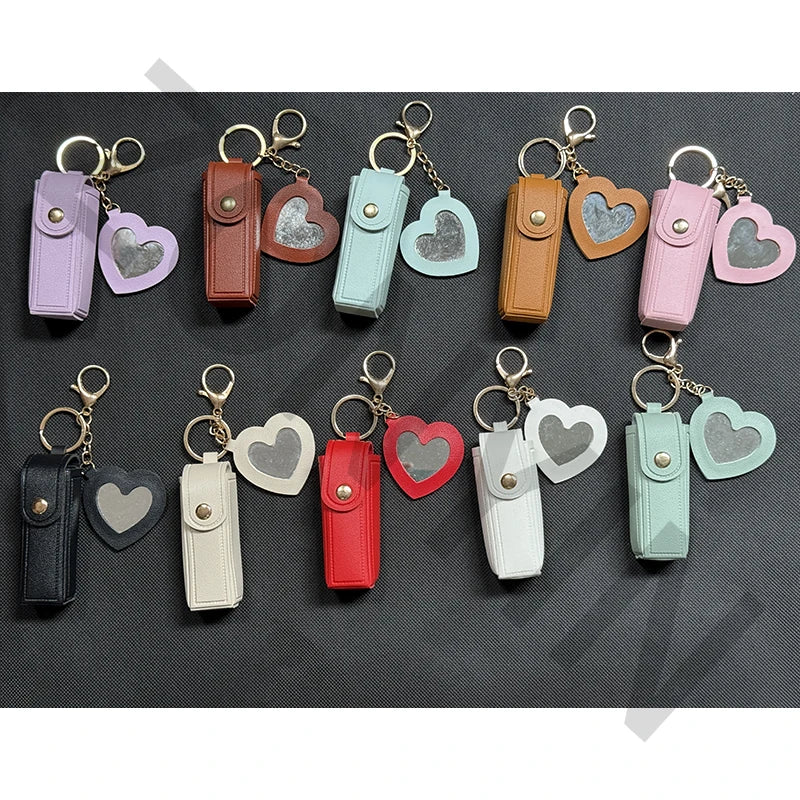 Zonyin High Quality Love Shape PU Leather Makeup Keychain Mirror Portable Heart Small Mirror and Lipstick Holder for Women Girls