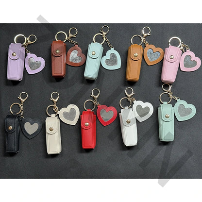 Zonyin High Quality Love Shape PU Leather Makeup Keychain Mirror Portable Heart Small Mirror and Lipstick Holder for Women Girls