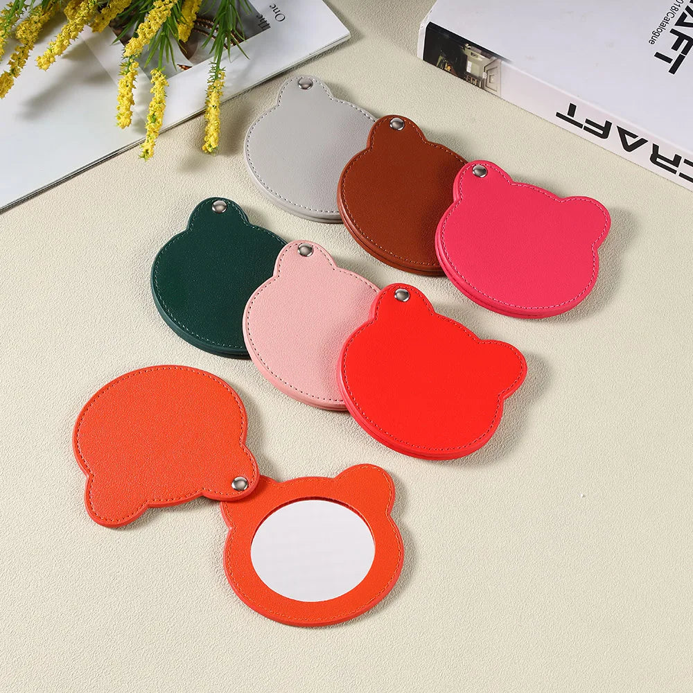 Zonyin Customized Personalized Logo Pu Leather Glass Mirror Lovely Black Bear Shaped Pocket Makeup Mirrors for Travel