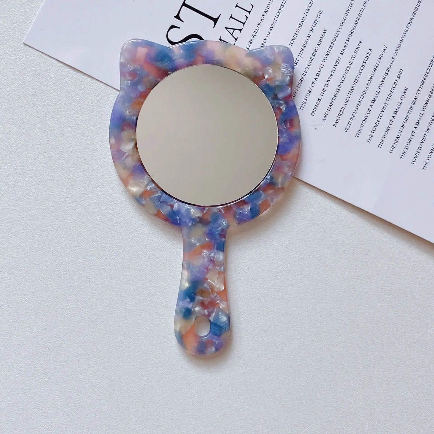 Zonyin Custom Logo Portable Cat-Shape Handheld Makeup Mirror Acetate Handle Small Cute Cosmetics Mirror for Women's Travel Use