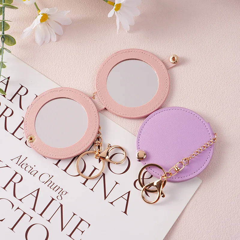 Zonyin New Design Round PU Leather Double-sided Pocket Mirror Custom Logo Pink Folding Travel Mirror with 2x Magnification