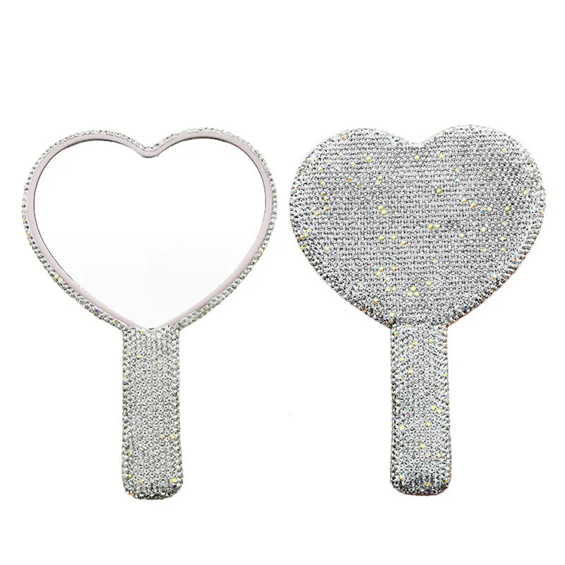 Zonyin Custom Logo Heart Shape Diamond Handheld Makeup Mirror Custom Hand Held Portable Private Label Round Makeup Mirror