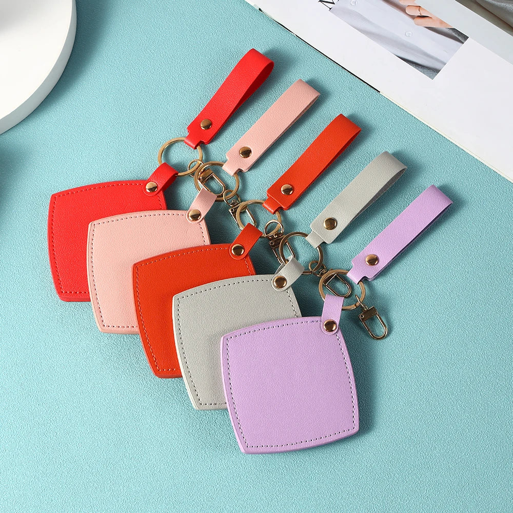 Zonyin New Custom Logo Rotatable Square Makeup Mirror Pu Leather Pocket Mirror Compact Cosmetic Travel Mirror With Keychain