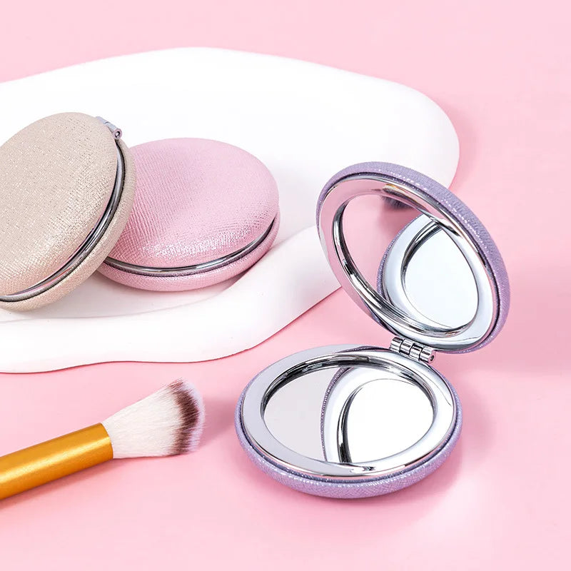 Zonyin Custom Logo Foldable Double-sided Pocket Mirror 1X/2X Portable Mini Pu Glitter Macarons Round Makeup Mirror with Keychain