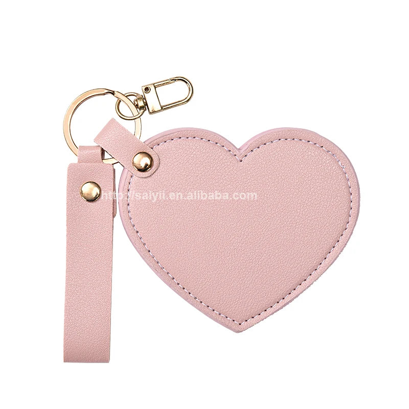 Zonyin Custom Logo Heart Shape Keychain Mirror with Pu Leather Case Portable Cute Small Compact Cosmetic Mirror for Travel