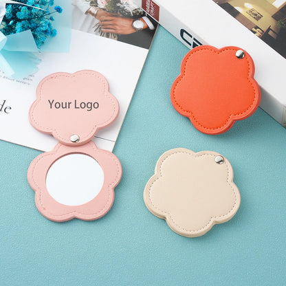 Zonyin New Arrival Flower Design White Pu Leather Makeup Mirror Customized Logo Portable Travel Pu Pocket Mirror for Women Girls