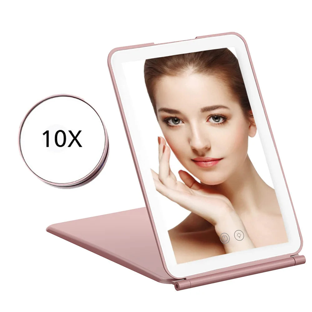 Zonyin High Quality Portable Travel Ladies 3X/10X Magnifying Makeup Mirror Rectangle Folding Cosmetic Mirror with LED Light
