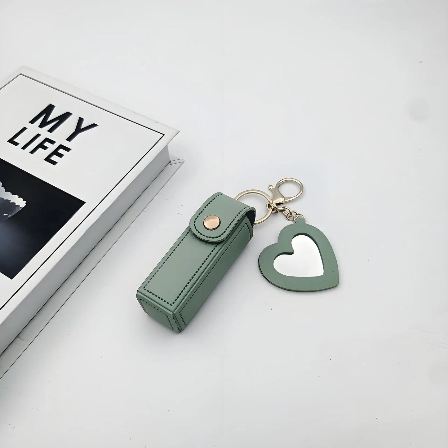 Zonyin High Quality Love Shape PU Leather Makeup Keychain Mirror Portable Heart Small Mirror and Lipstick Holder for Women Girls
