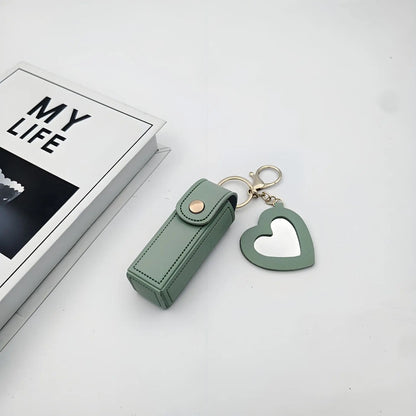 Zonyin High Quality Love Shape PU Leather Makeup Keychain Mirror Portable Heart Small Mirror and Lipstick Holder for Women Girls