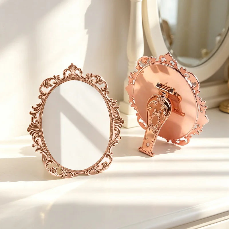 Zonyin European Vintage Carved Handheld Makeup Mirror High-Definition Glass Portable Vanity Mirror, Electroplated Hand Mirror