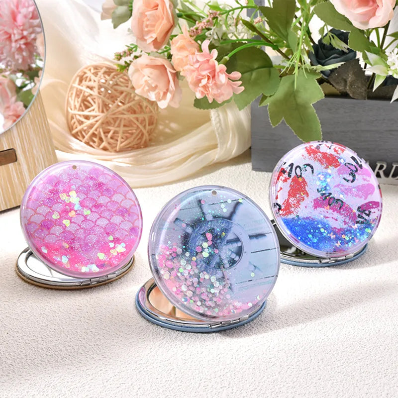 Zonyin New Portable Small Round Quicksand Glitter Mirror HD Compact Makeup Mirror Gift