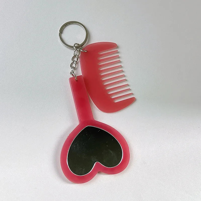 Zonyin 2in1Comb Mirror Set Multiple Colors Acetate Mini Heart Mirror Leopard Keychain Makeup Mirror Bag Pendant Accessories
