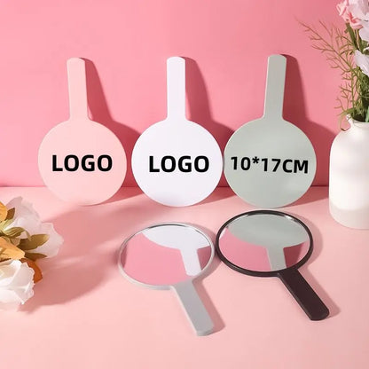 Zonyin Personalized Custom Logo Plastic Round Handle Makeup Mirror Portable Travel HandHeld Mirrors With Custom Size Color
