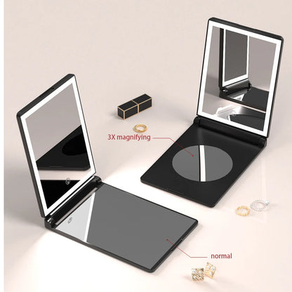Zonyin New Rechargeable Folding Travel LED Compact Makeup Mirror With 3X Magnifying Portable Tabletop Cosmetic Mirror for Travel