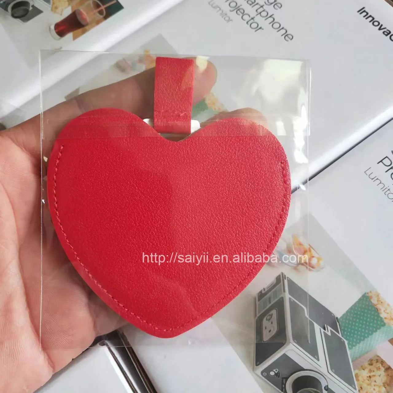 Zonyin Women's Gift Heart Shaped Pu Leather Pocket Mirror Customized Your Logo Small Travel Makeup Mirror for Valentine's Day