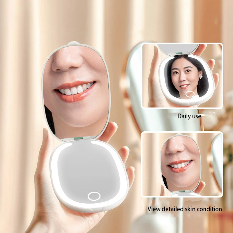 Zonyin LED Rechargeable Double-Sided Travel Cosmetic Mirror 3X Magnifying 3 Color Lighting Foldable Pocket Mirror With Lighted