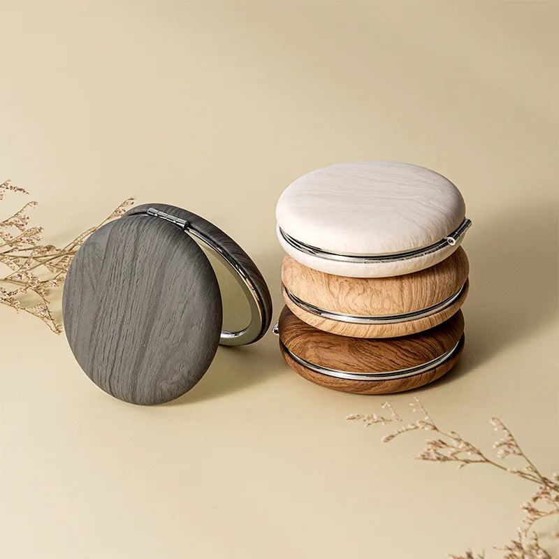 Zonyin Wood Grain PU Leather Makeup Mirror Portable Double Sided Folding Pocket Mirror Cute Compact Cosmetic Mirror for Gift