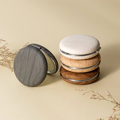 Zonyin Wood Grain PU Leather Makeup Mirror Portable Double Sided Folding Pocket Mirror Cute Compact Cosmetic Mirror for Gift