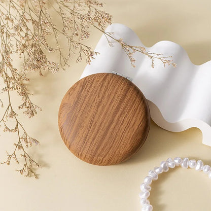 Zonyin Wood Grain PU Leather Makeup Mirror Portable Double Sided Folding Pocket Mirror Cute Compact Cosmetic Mirror for Gift