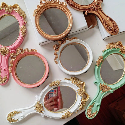 Zonyin European Style Vintage Resin Handheld Makeup Mirror Oval Shaped Rose Flower Carved Cosmetic Mirror for Women Lady Wedding