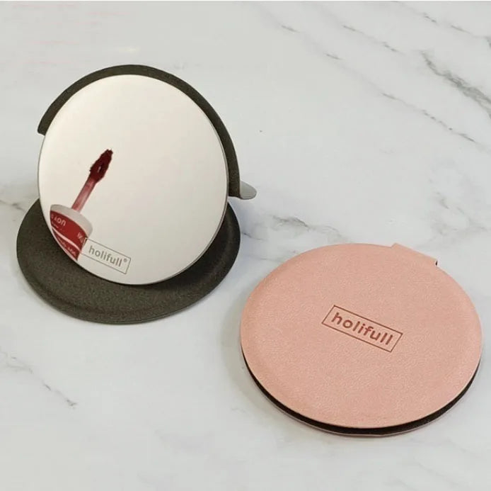 Zonyin Round Pink Pu Leather Case Small Pocket Mirror Embossed Logo Folding Unbreakable HD Metal Standing Mirror for Women