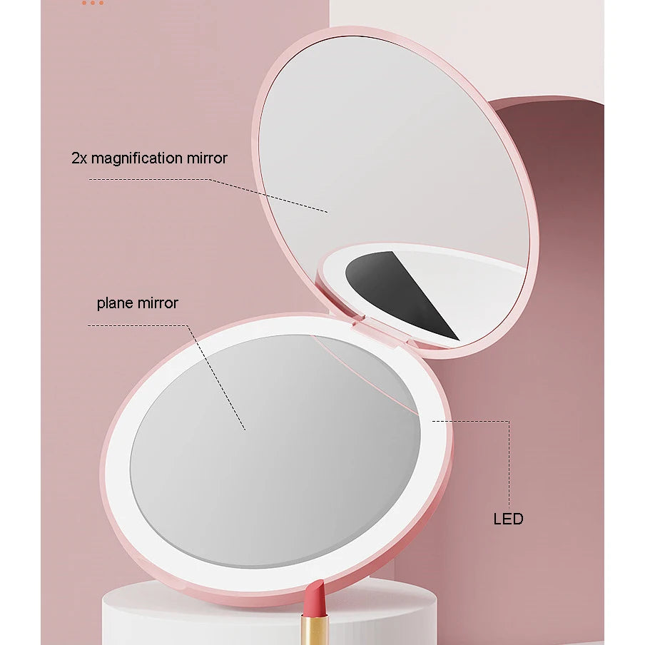 Zonyin Round 2X Magnifying LED Foldable Cosmetic Mirror Double Sided Lights Portable Compact Pocket Mirror with Custom logo