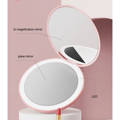 Zonyin Round 2X Magnifying LED Foldable Cosmetic Mirror Double Sided Lights Portable Compact Pocket Mirror with Custom logo