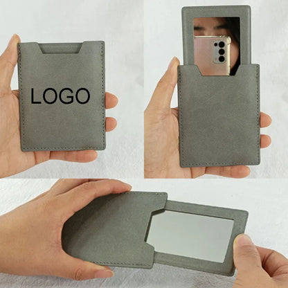 Zonyin High Quality Rectangle Pull-out Design Gray Pu Leather Makeup Mirror Low MOQ Embossed Logo Metal Mirror With Pu Case